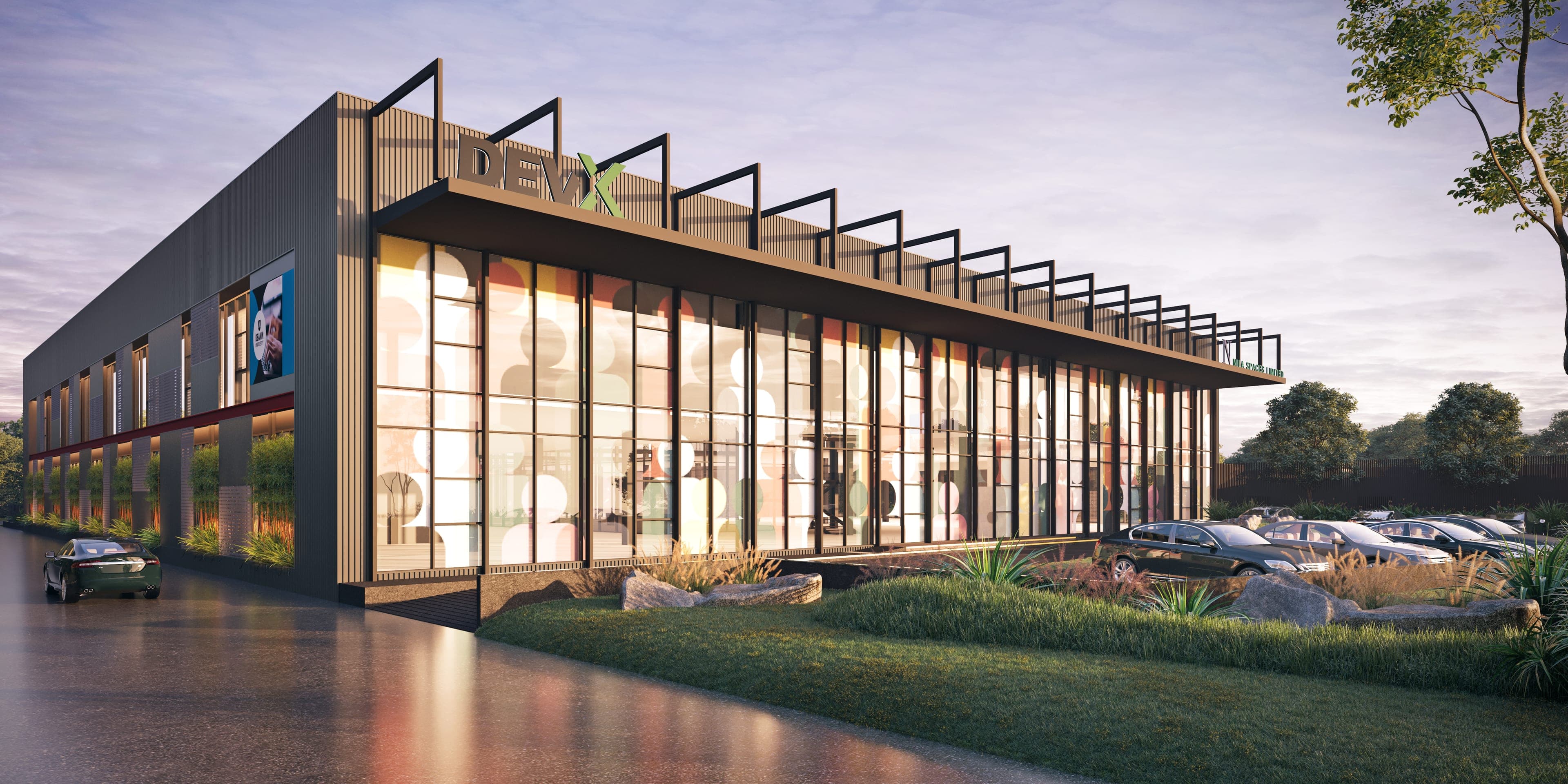 DevX Co-Working Gift City — prjia05 exterior dusk 01